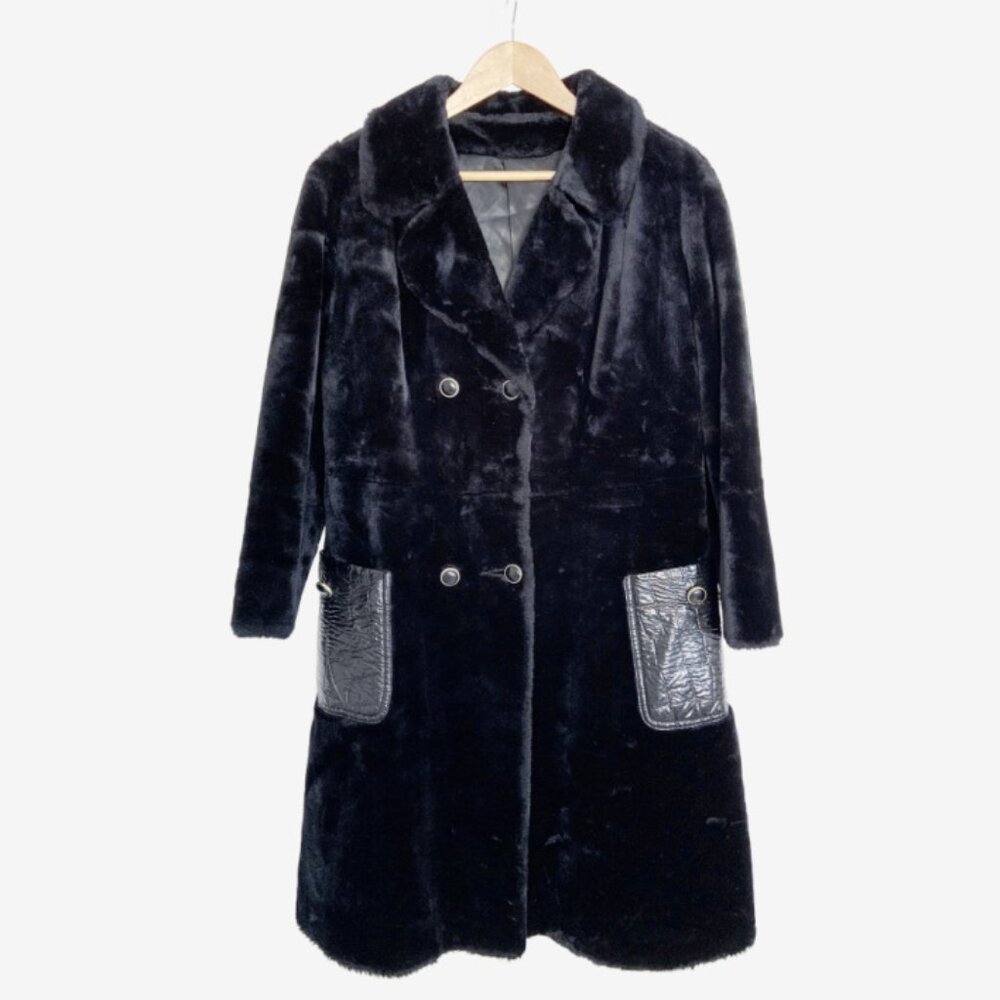Vintage 1960s Black Faux Fur Coat with Faux Croc Print Patch Pockets